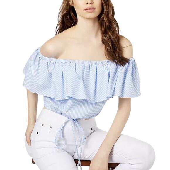 Jill Stuart Off-the-shoulder Cropped Top Size 8 Blue & White Striped Preppy - Picture 1 of 7